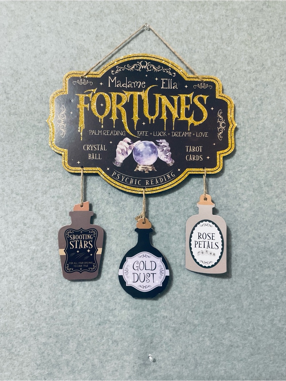 Fortunes Wall Sign with Hanging Potion Bottles - Black & Gold